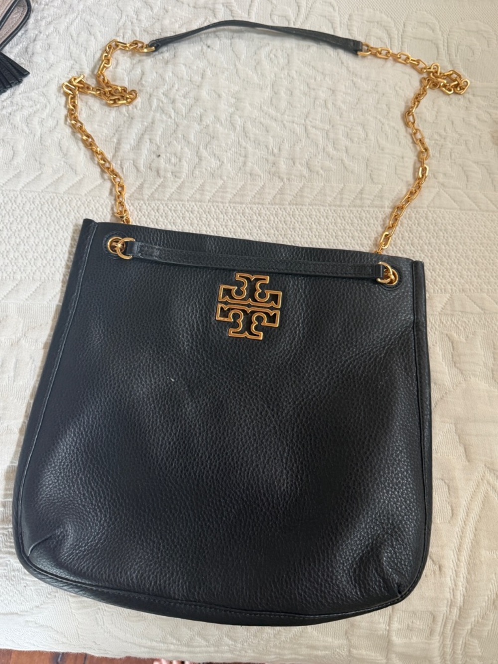 Tory Burch Black Pebbled Leather Shoulder Bag with Gold Chain